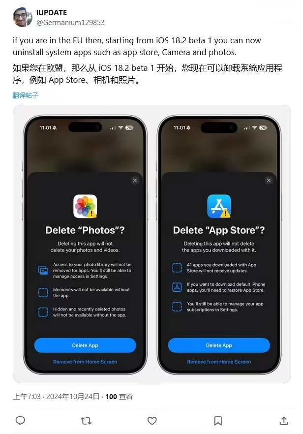 邓州苹果手机维修分享iOS 18.2 支持删除 App Store 应用商店 