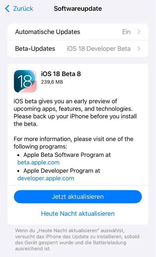 邓州苹果手机维修分享苹果 iOS / iPadOS 18 开发者预览版 Beta 8 发布 